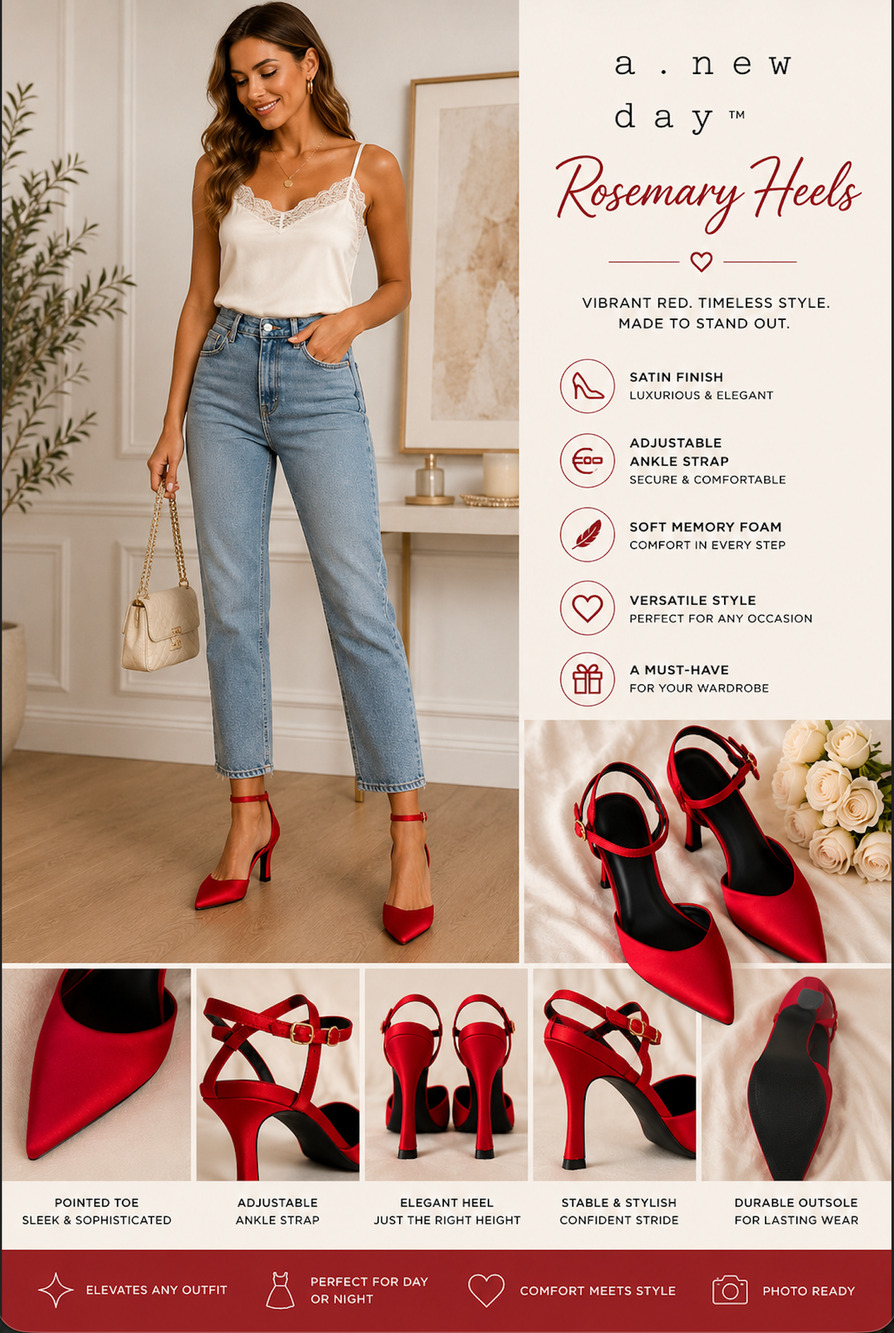 A New Day Rosemary Red Satin Pointed Toe Heels NWT Size 7
